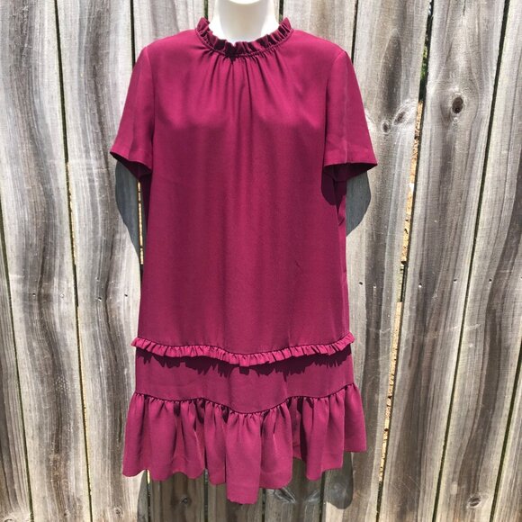 Kate Spade Large Mini Dress Short Sleeve Ruffle Deep Cherry Burgundy - Picture 5 of 10